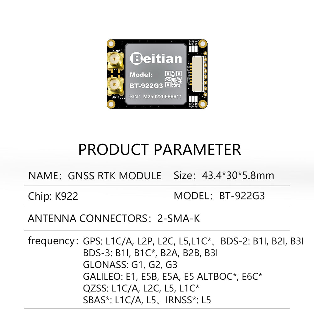 Beitian Sino K922 high-precision GNSS module RTK positioning and orientation board for drone driving test BT-922G1 Beitian Sino K922 high-precision GNSS module RTK positioning and orientation board for drone driving test BT-922G1